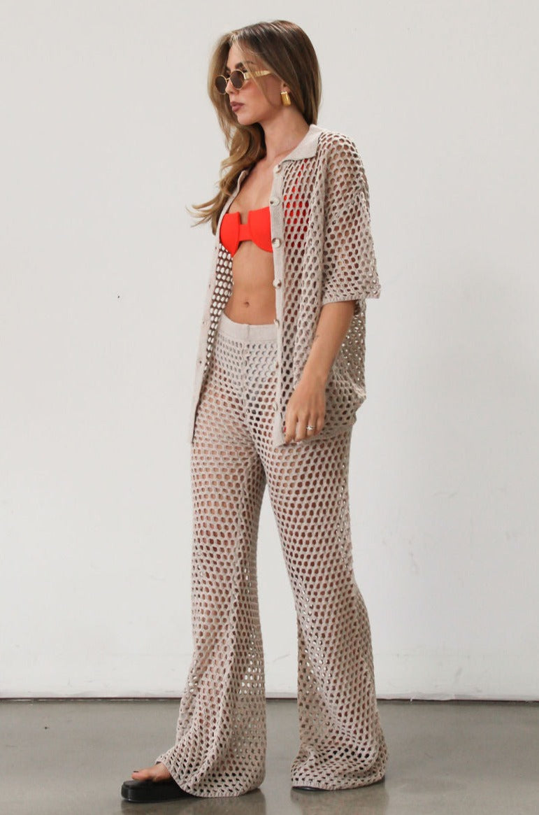 Open knit crochet pants. Elastic waistband. Unlined/sheer. Beach coverup. Pool coverup. Tan oat bottoms