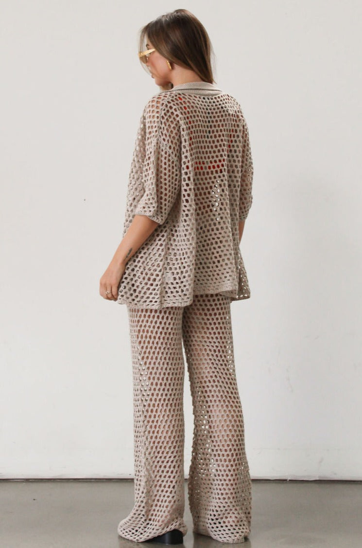 Open knit crochet pants. Elastic waistband. Unlined/sheer. Beach coverup. Pool coverup. Tan oat bottoms