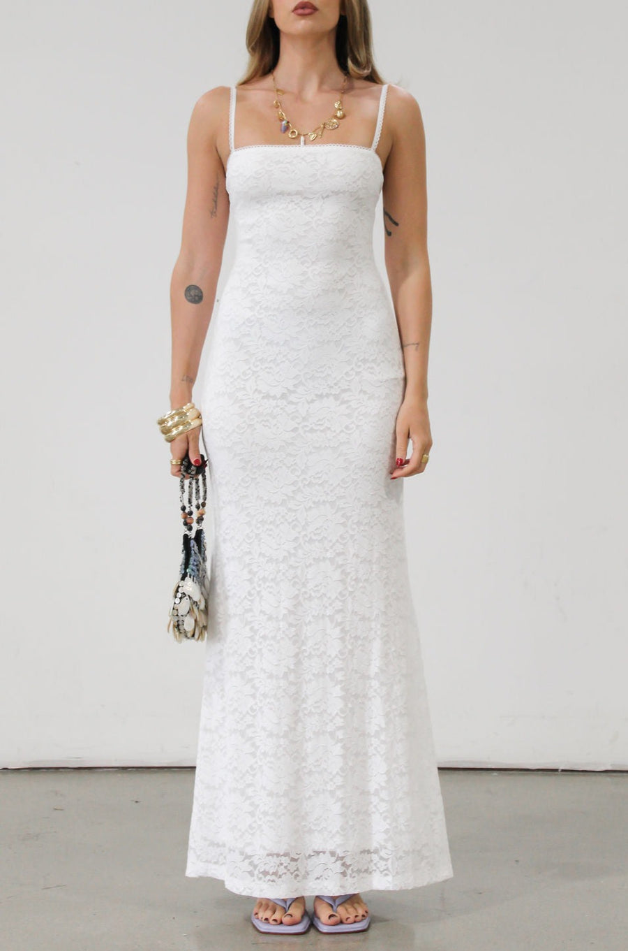 Knit lace maxi dress. Elastic straps. Inner rubber grip lining. Fully lined. White lace dress. Bridal shower dress. Engagement dress. 
