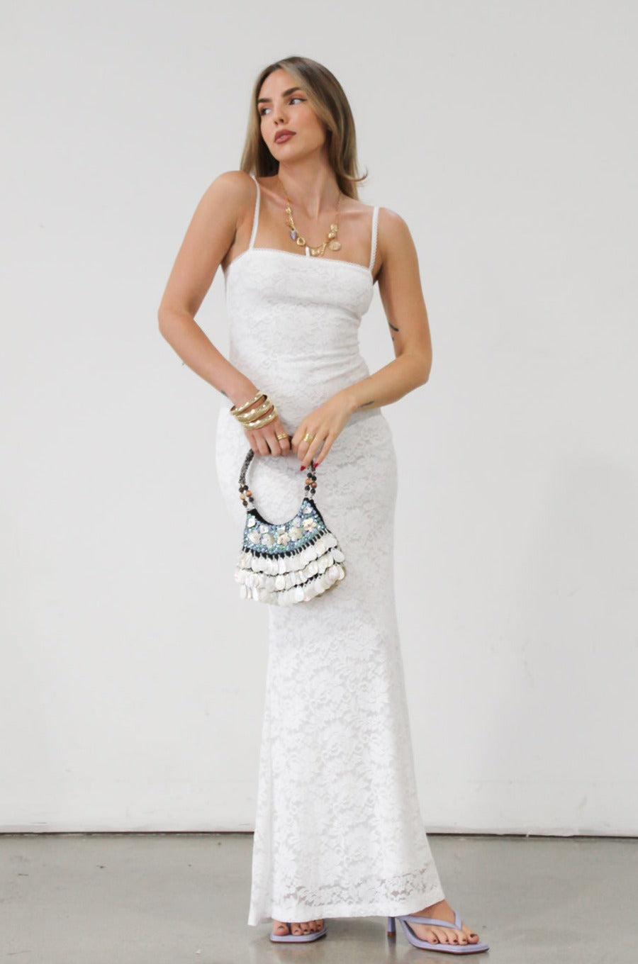 Knit lace maxi dress. Elastic straps. Inner rubber grip lining. Fully lined. White lace dress. Bridal shower dress. Engagement dress. 
