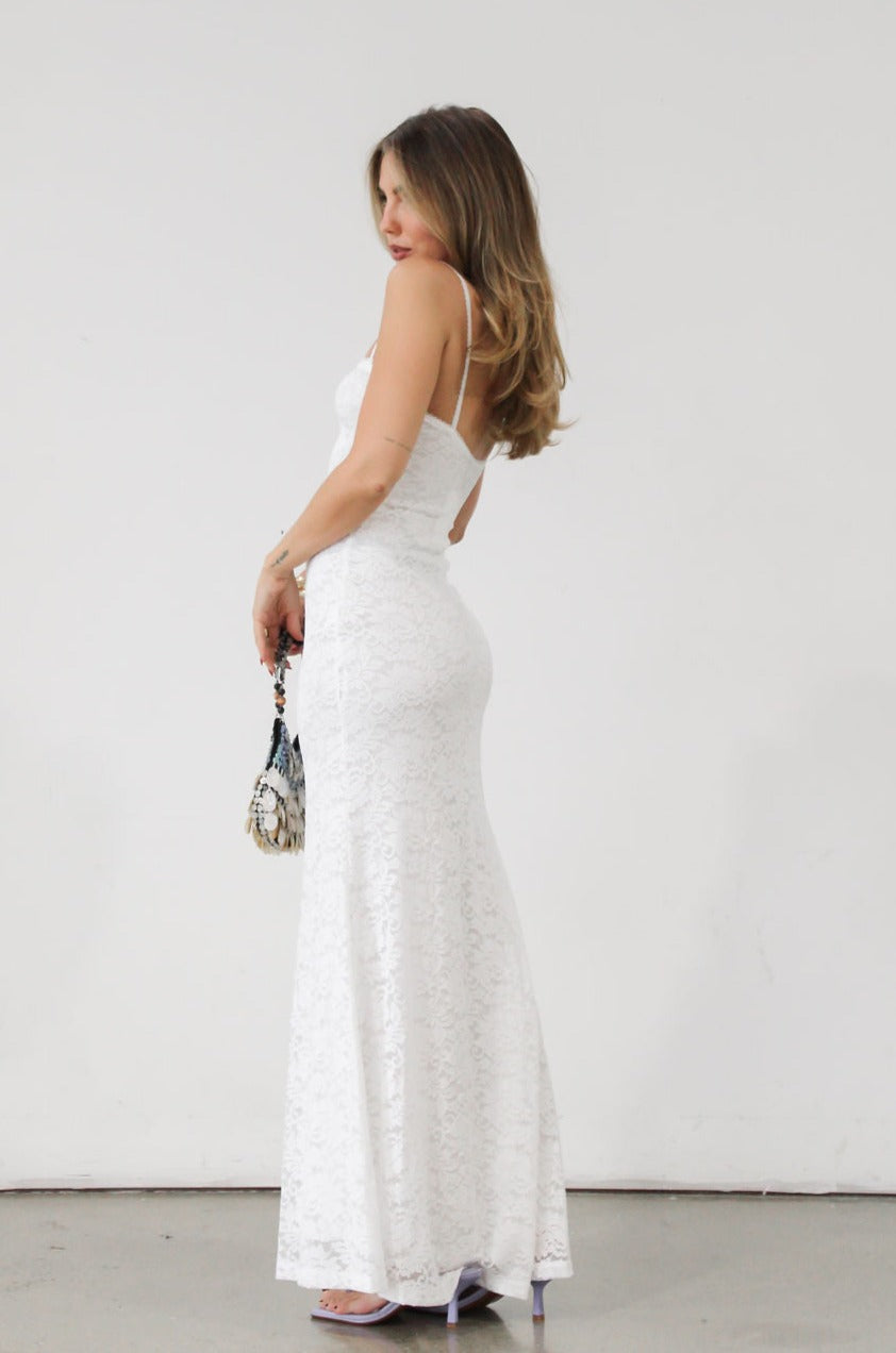 Knit lace maxi dress. Elastic straps. Inner rubber grip lining. Fully lined. White lace dress. Bridal shower dress. Engagement dress. 