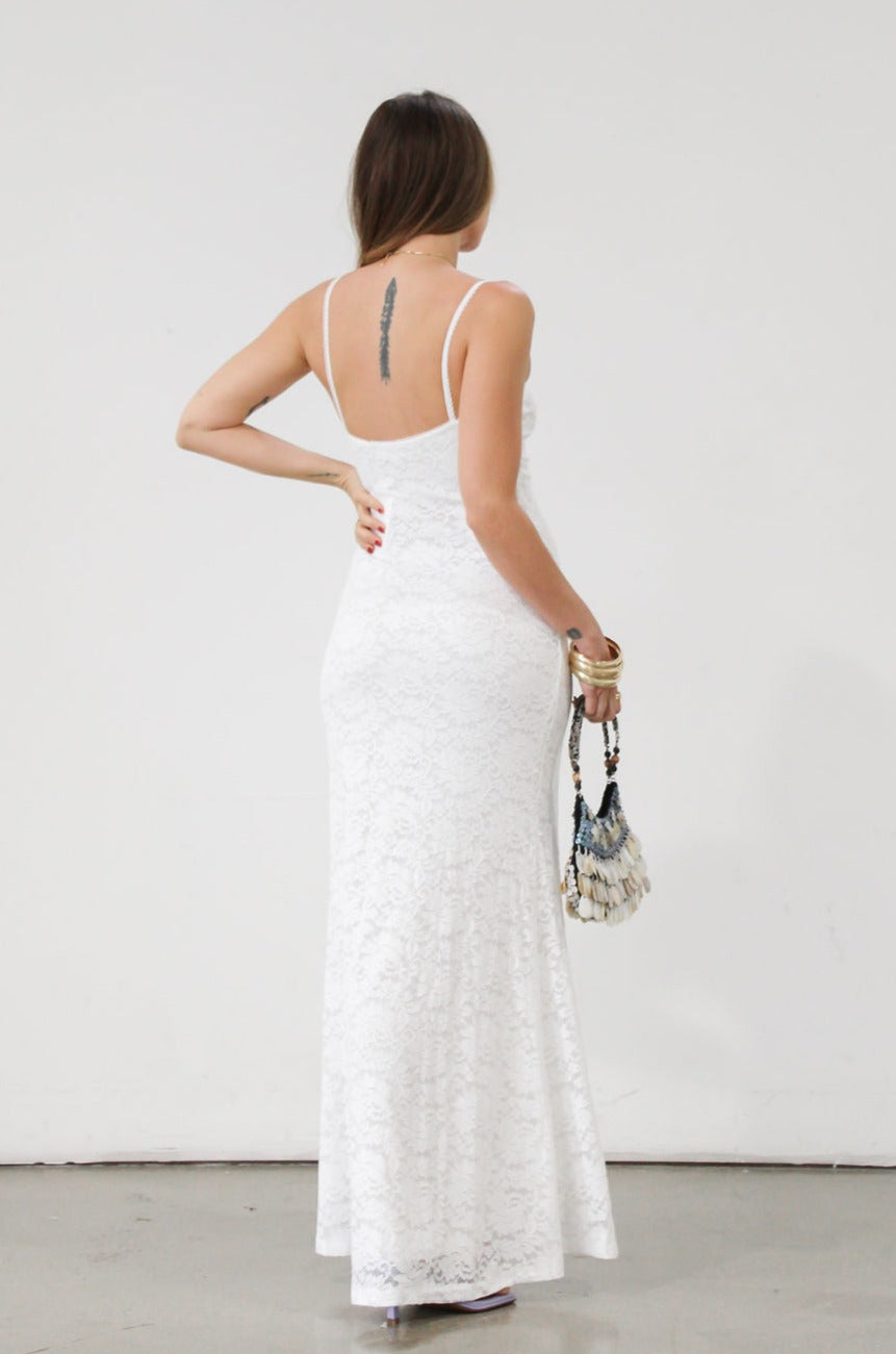 Knit lace maxi dress. Elastic straps. Inner rubber grip lining. Fully lined. White lace dress. Bridal shower dress. Engagement dress. 