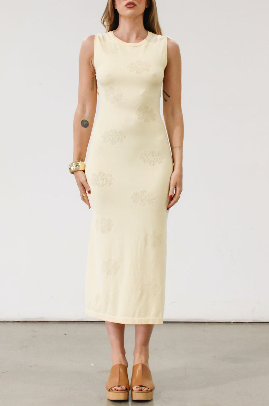 Floral knit midi dress. Sleeveless. Side slit. Back cut out. Unlined. Yellow dress. Yellow floral dress. 