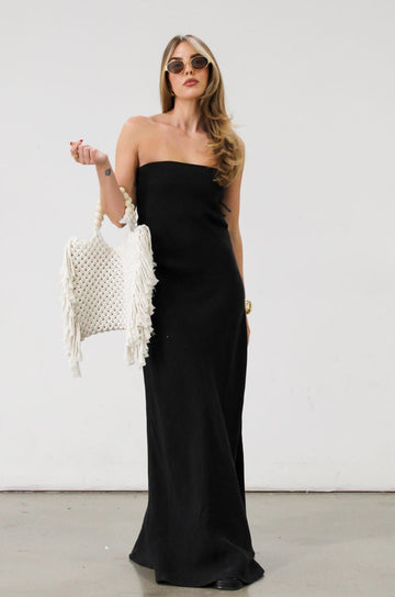 Linen woven maxi dress. Strapless neckline. Elastic back. Back zipper closure. Unlined. Black maxi dress. Black tie dress. Wedding guest dress. 