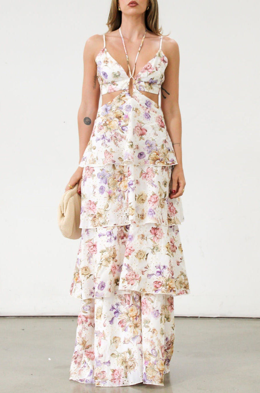 Floral printed eyelet woven tiered maxi dress. Adjustable straps. Front drawstring closure. Back cut out. Elastic back strap. Back hook and eye and zipper closures. Fully lined. Guest wedding dress. Floral dress. Coquette dress.