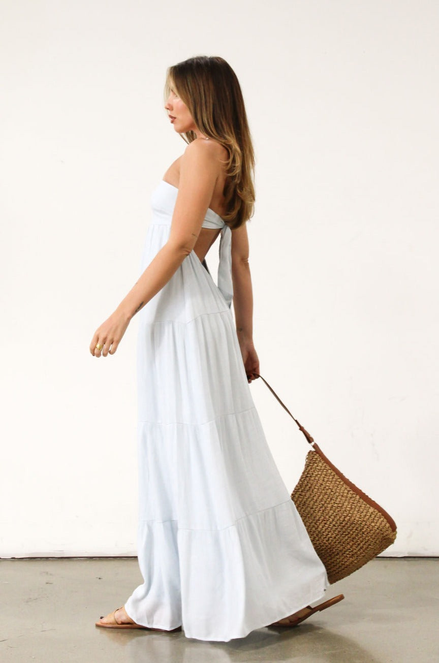 Crinkle woven maxi dress. Strapless neckline. Back tie closure. Elastic back waist. Fully lined. Baby blue maxi dress. Summer dress.