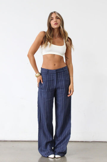 Striped woven wide leg pants. Hook and eye and zipper fly. Side pockets. Unlined. Business casual work pants. Slacks. Blue pants. blue slacks. blue stripe work pants. 