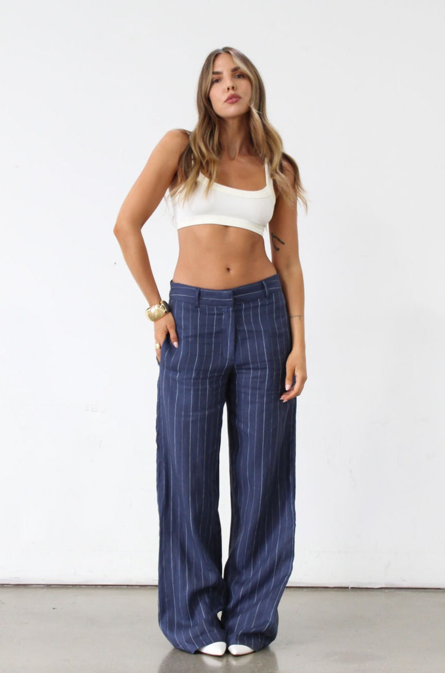 Striped woven wide leg pants. Hook and eye and zipper fly. Side pockets. Unlined. Business casual work pants. Slacks. Blue pants. blue slacks. blue stripe work pants. 