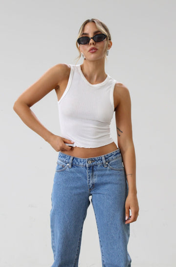 Knit racer back tank top. Lace trim. Lettuce edge hem. Unlined. Basic white tank top. cropped tank. summer shirt. 