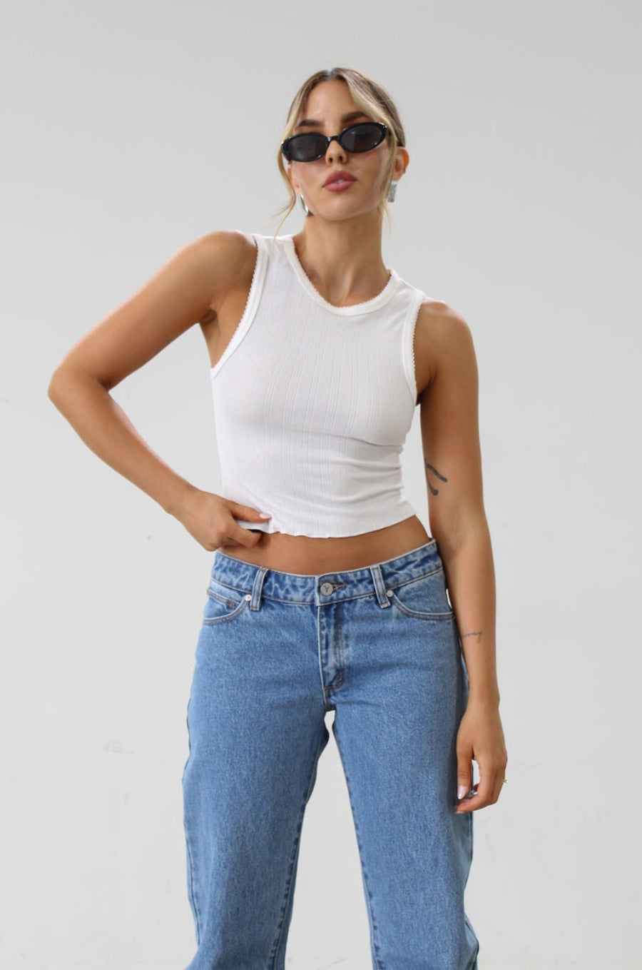 Knit racer back tank top. Lace trim. Lettuce edge hem. Unlined. Basic white tank top. cropped tank. summer shirt. 