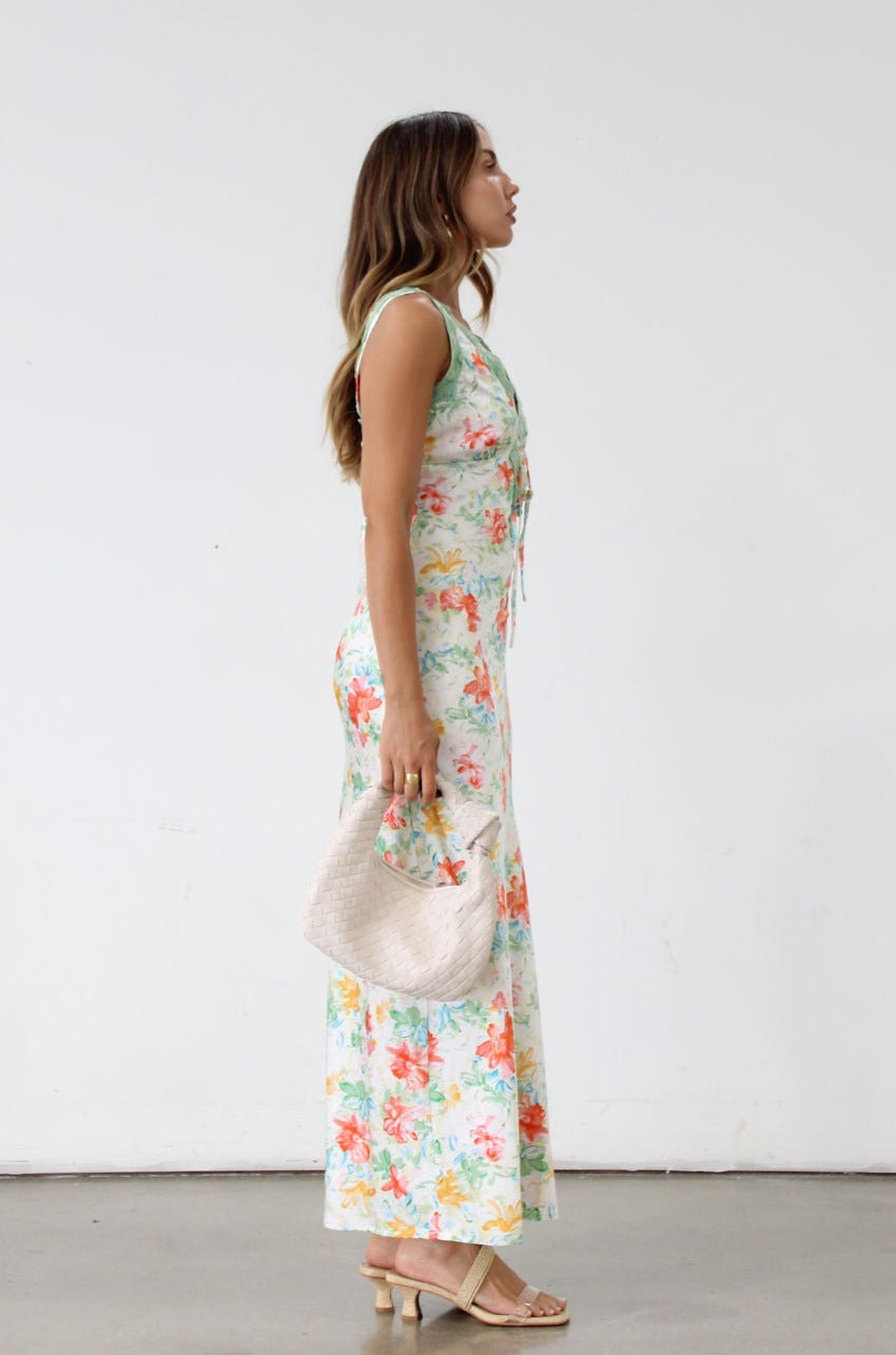 Floral printed satin maxi dress. Sleeveless. Front tie closure. Lace trim. Side zipper closure. Fully lined. Wedding dress. Guest wedding dress. Floral maxi dress. Dress for summer. Dress for vacation