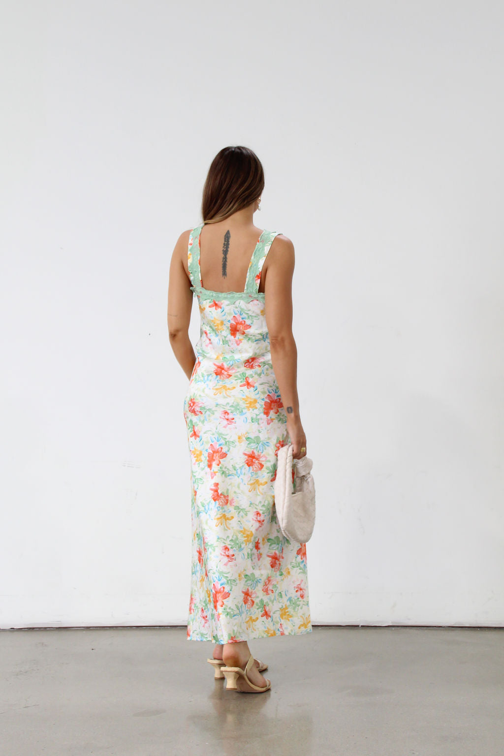 Floral printed satin maxi dress. Sleeveless. Front tie closure. Lace trim. Side zipper closure. Fully lined. Wedding dress. Guest wedding dress. Floral maxi dress. Dress for summer. Dress for vacation