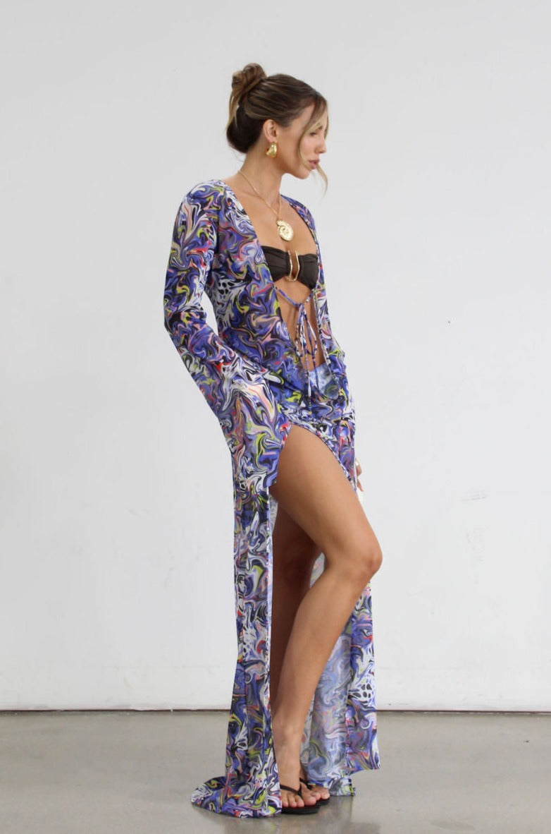 Printed chiffon maxi dress. Long sleeves. Side slits. Low&front with tie closure. Unlined. beach cover up. mexico outfit. vacation outfit