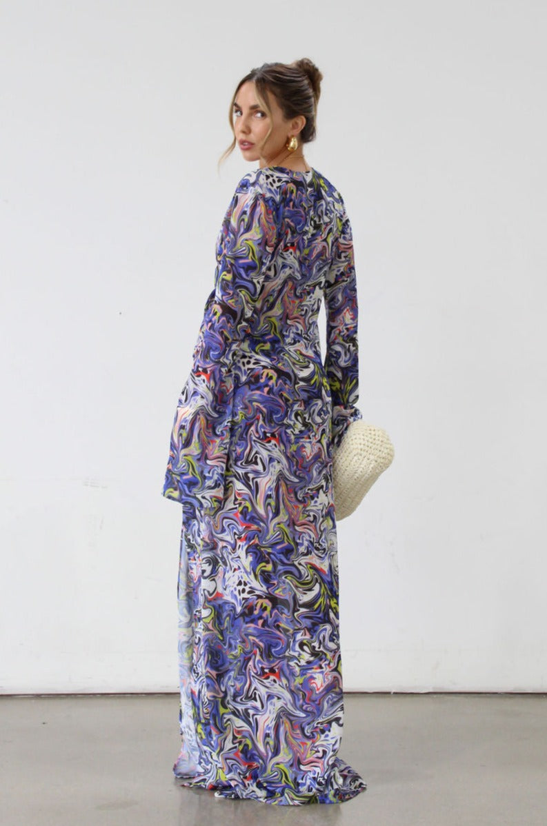 Printed chiffon maxi dress. Long sleeves. Side slits. Low&front with tie closure. Unlined. beach cover up. mexico outfit. vacation outfit