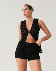 Knit lace sleeveless top. Front button down closure. Unlined.