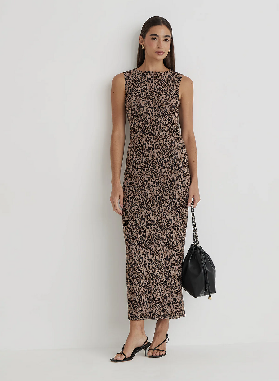 Animal leopard printed knit mesh maxi dress. Sleeveless. Fully lined. fall maxi dress. fall outfit