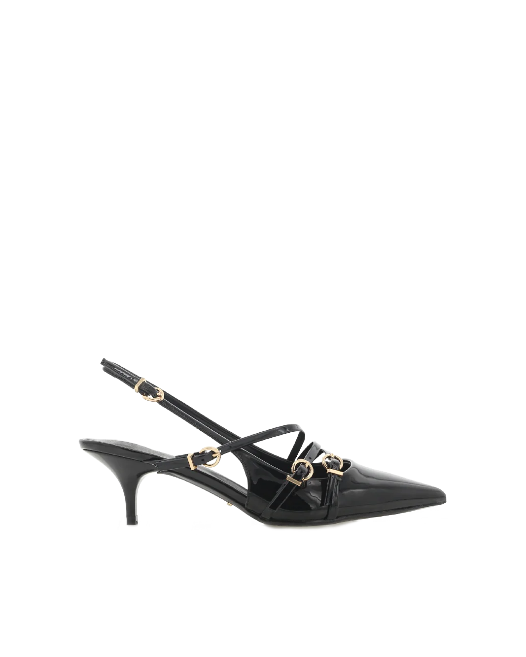 low kicked in stiletto heel court style upper with closed pointed toe strappy upper with statement buckle detailing in gold hardware slingback ankle strap with adjustable buckle fastening exposed heel counter synthetic upper, lining and outsole Heel height 5.5cm.