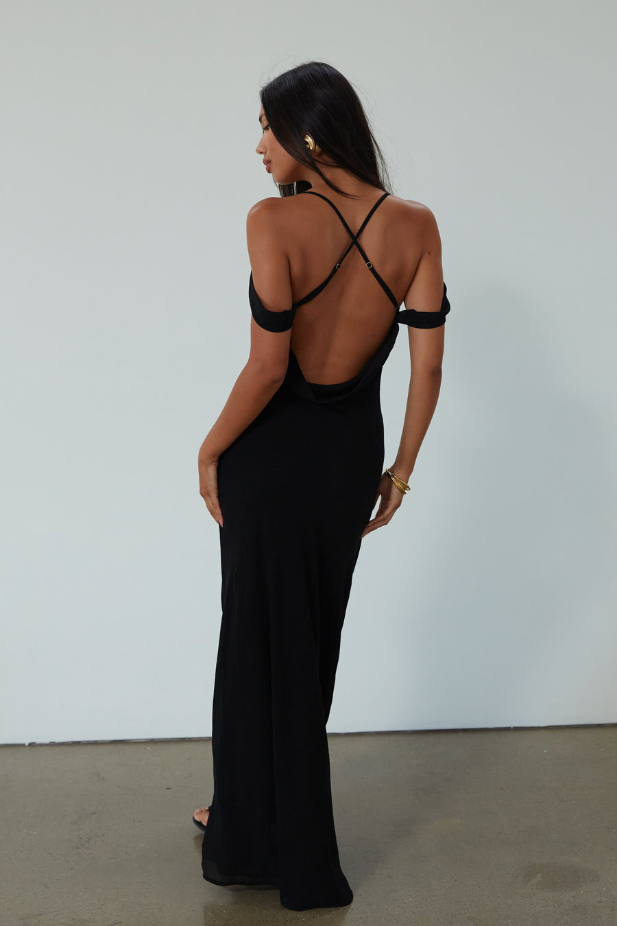 Chiffon maxi dress. Adjustable crisscross back straps. Side zipper closure. Fully lined. black maxi dress. wedding guest dress