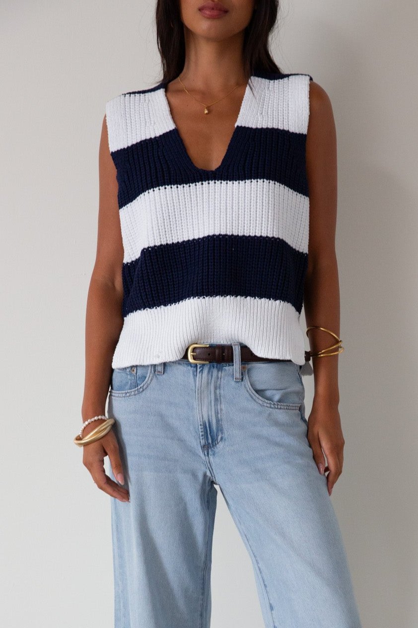 Striped crochet knit sleeveless top. Side slits. Unlined. blue and white sweater vest. striped sweater. striped sweater vest. fall outfit. 