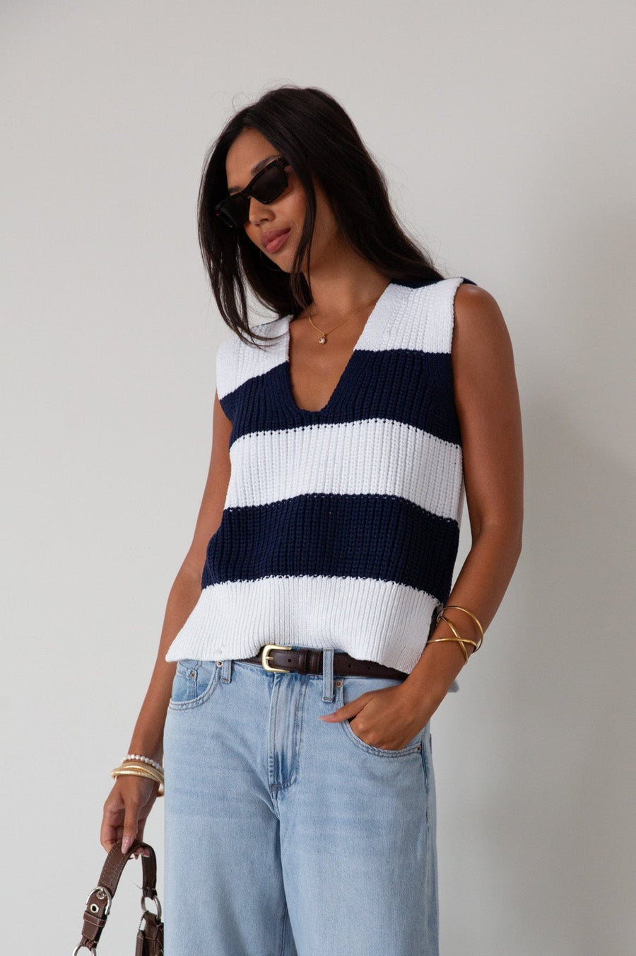 Striped crochet knit sleeveless top. Side slits. Unlined. blue and white sweater vest. striped sweater. striped sweater vest. fall outfit. 