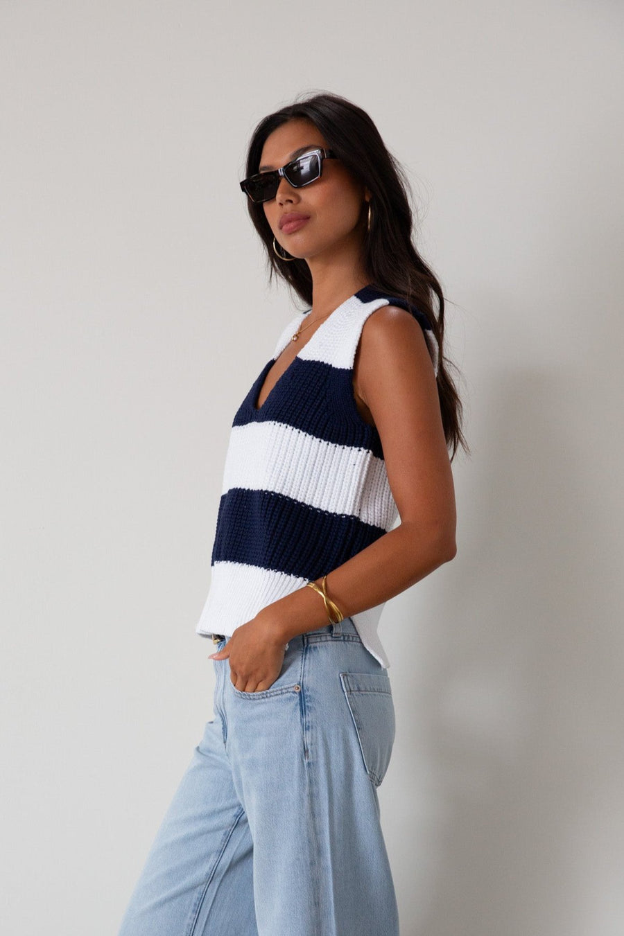 Striped crochet knit sleeveless top. Side slits. Unlined. blue and white sweater vest. striped sweater. striped sweater vest. fall outfit. 