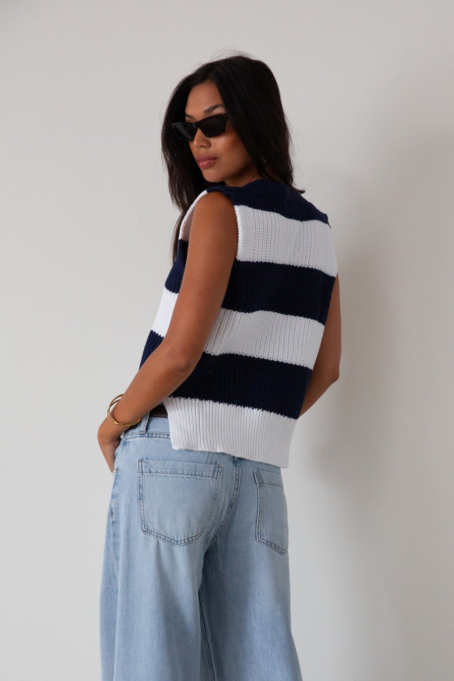 Striped crochet knit sleeveless top. Side slits. Unlined. blue and white sweater vest. striped sweater. striped sweater vest. fall outfit. 