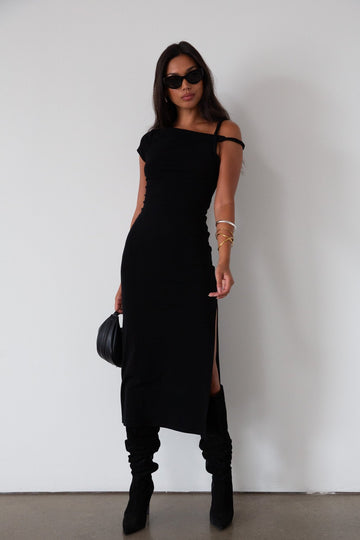 Knit maxi dress. Asymmetric sleeves. Side slit. Unlined. black maxi dress. black midi dress. dress with side slit. wedding guest dress. fancy dinner dress. night out dress