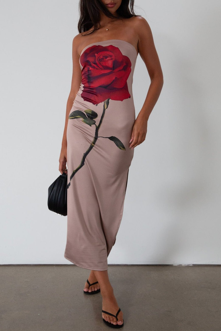 Printed knit maxi dress. Strapless elastic neckline. Side slit. Unlined. rose maxi dress. rose mini dress. 
