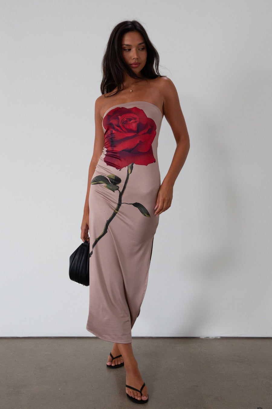 Printed knit maxi dress. Strapless elastic neckline. Side slit. Unlined. rose maxi dress. rose mini dress. 