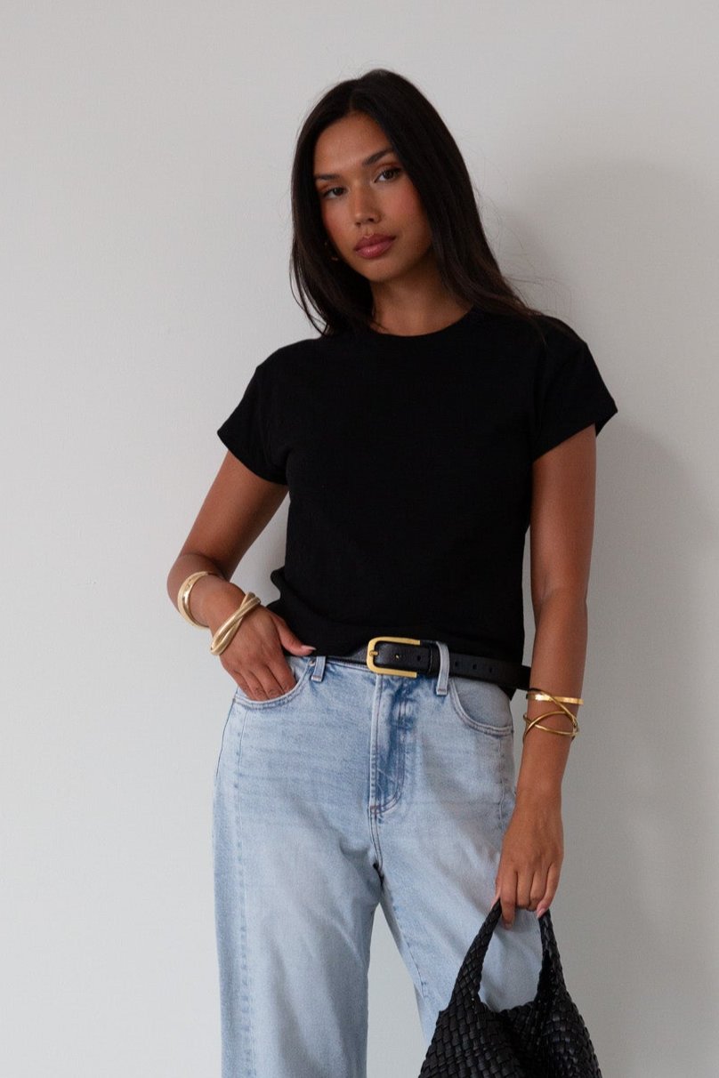 Knit tee. Crewneck. Short sleeves. Unlined. black tee. black basic tee. summer top.