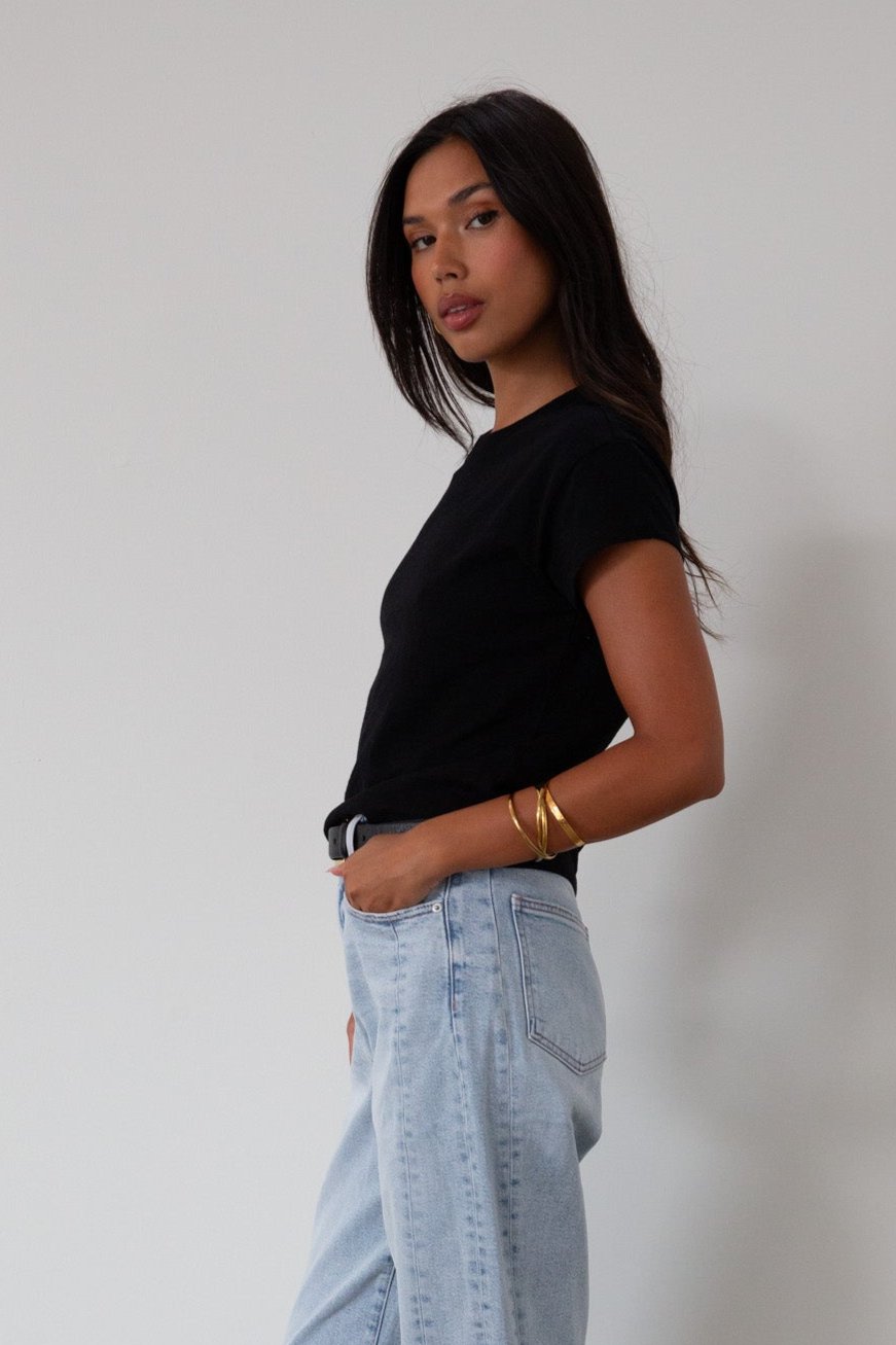 Knit tee. Crewneck. Short sleeves. Unlined. black tee. black basic tee. summer top.