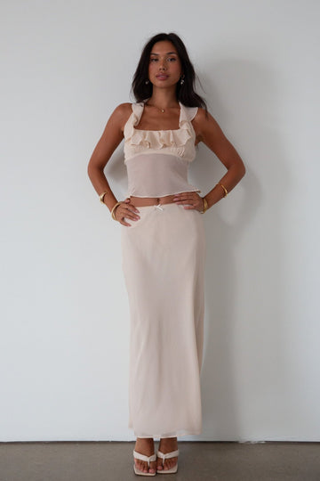 Chiffon maxi skirt. Elastic waist. Fully lined. nude maxi skirt. simple maxi skirt. dressed up maxi skirt