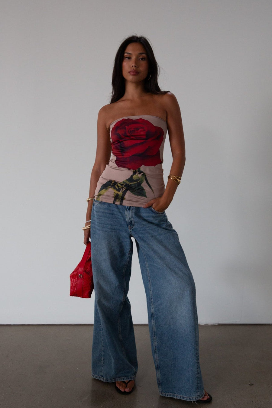 Printed knit tube top. Elastic neckline. Unlined. rose tube top. foral tube top. summer top