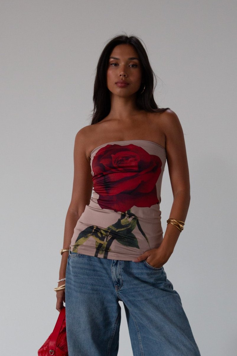 Printed knit tube top. Elastic neckline. Unlined. rose tube top. foral tube top. summer top