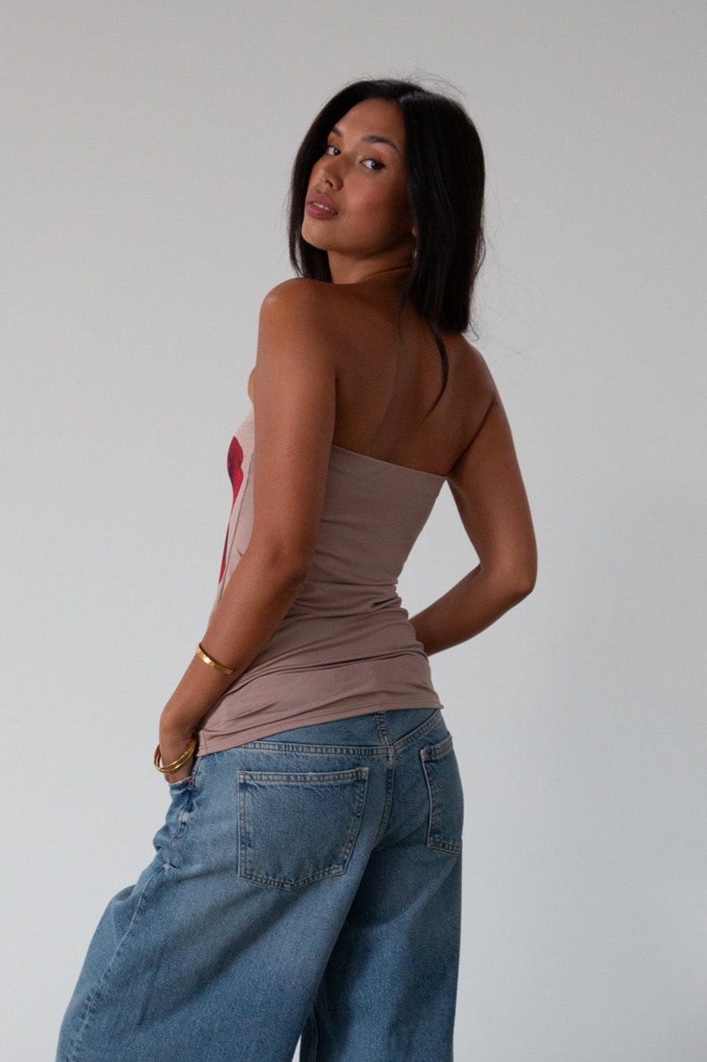 Printed knit tube top. Elastic neckline. Unlined. rose tube top. foral tube top. summer top