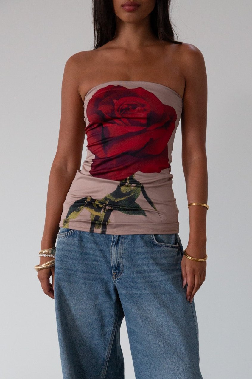 Printed knit tube top. Elastic neckline. Unlined. rose tube top. foral tube top. summer top