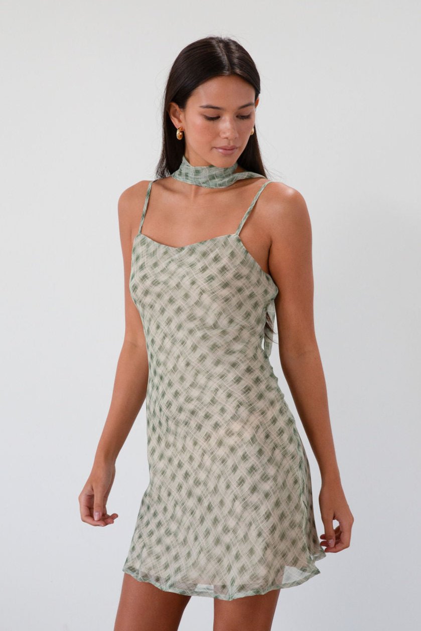 Plaid chiffon dress. Adjustable straps. Back hook and eye and zipper closures. Nude lining. Self tie. green mini dress. going out dress. fancy dinner dress. fall transition dress. dress with neck scarf