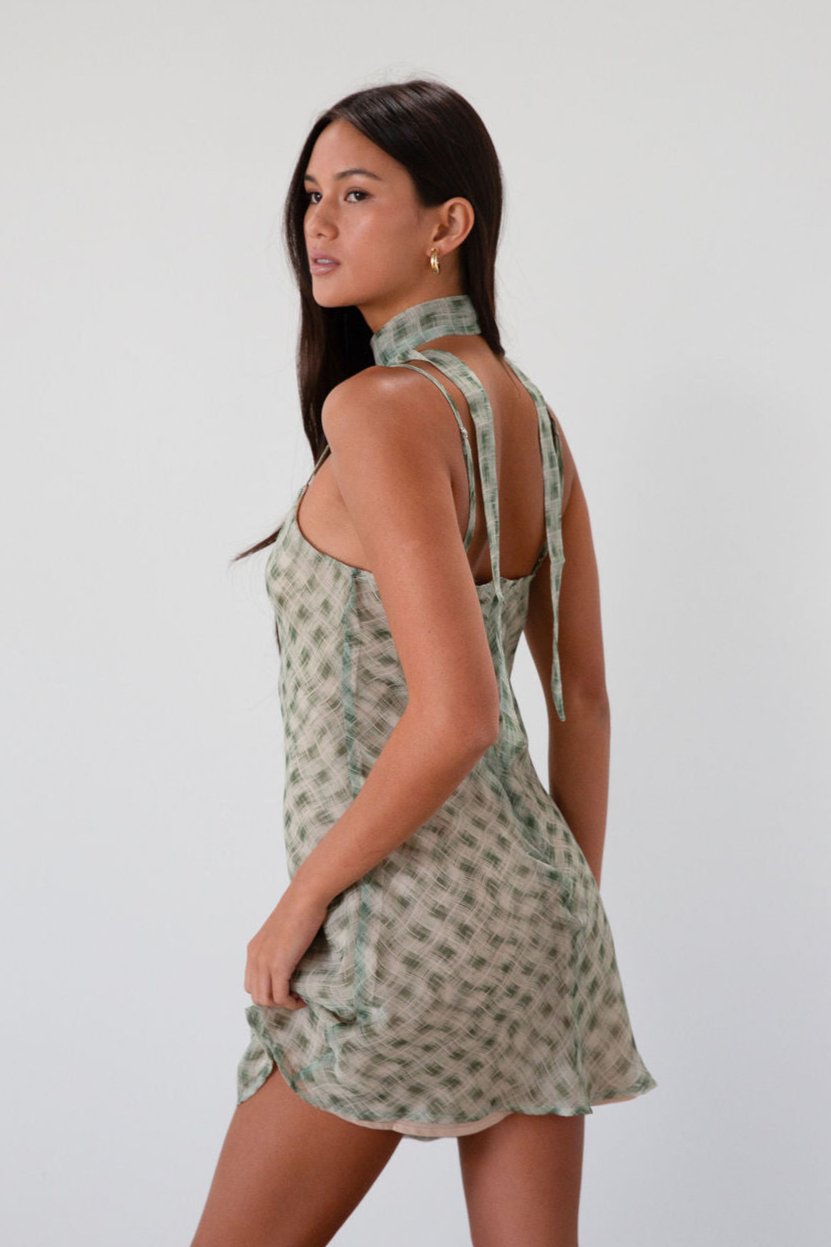 Plaid chiffon dress. Adjustable straps. Back hook and eye and zipper closures. Nude lining. Self tie. green mini dress. going out dress. fancy dinner dress. fall transition dress. dress with neck scarf
