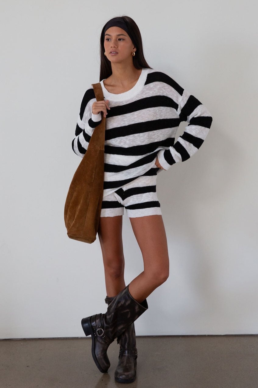 Striped crochet knit sweater. Striped crochet knit shorts. Crewneck. Long sleeves. Unlined. fall transition outfit. lounge set. cute lounge set. striped lounge set