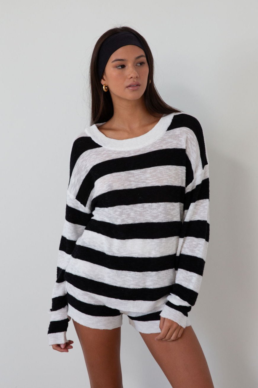 Striped crochet knit sweater. Striped crochet knit shorts. Crewneck. Long sleeves. Unlined. fall transition outfit. lounge set. cute lounge set. striped lounge set