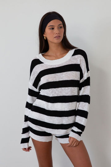 Striped crochet knit sweater. Striped crochet knit shorts. Crewneck. Long sleeves. Unlined. fall transition outfit. lounge set. cute lounge set. striped lounge set