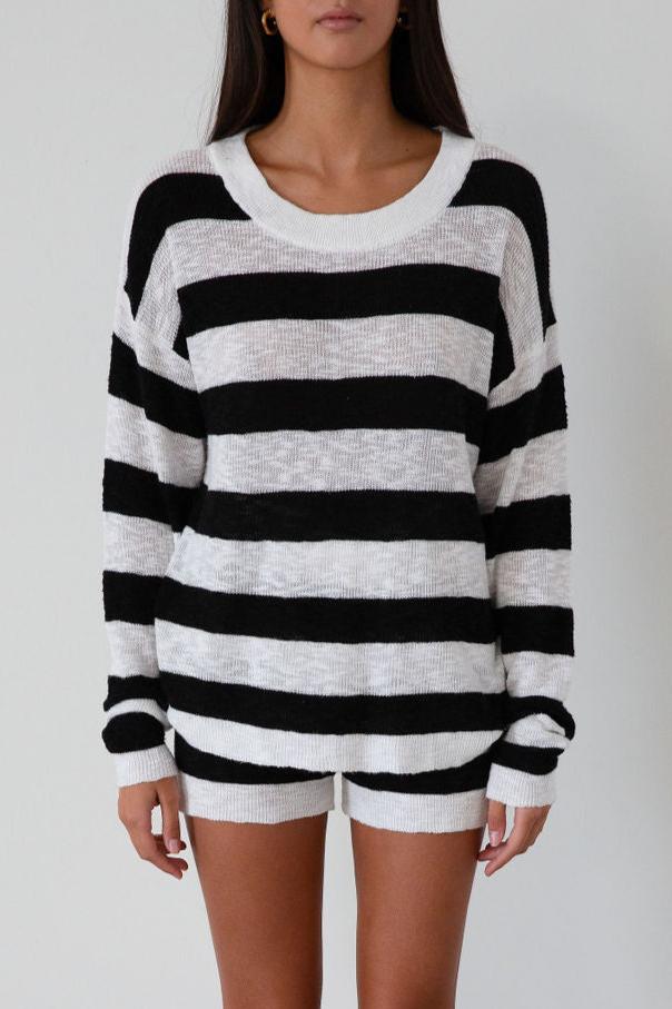 Striped crochet knit sweater. Striped crochet knit shorts. Crewneck. Long sleeves. Unlined. fall transition outfit. lounge set. cute lounge set. striped lounge set