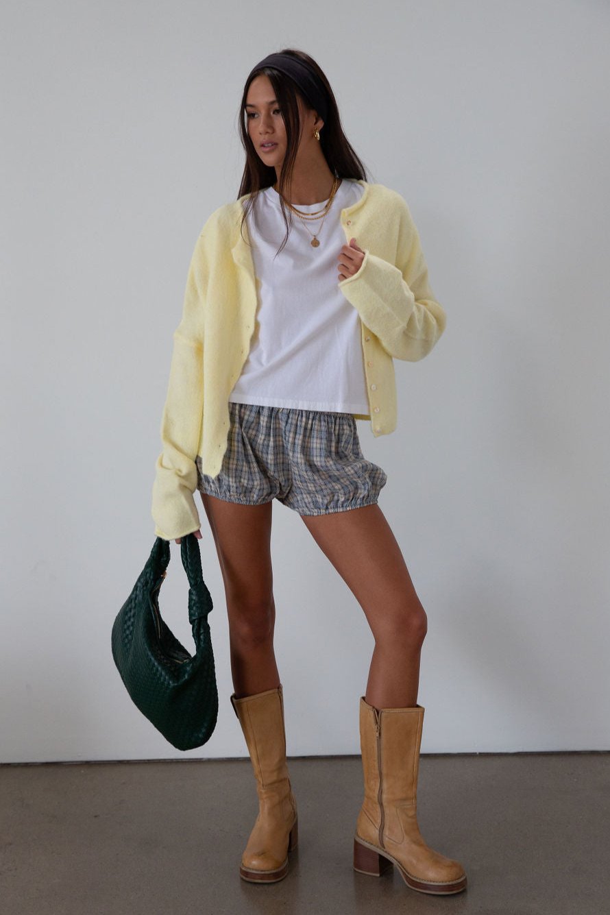 Plaid woven shorts. Elastic waist and leg openings. Unlined. bloomers. blue plaid bloomer shorts. fall transition outfit