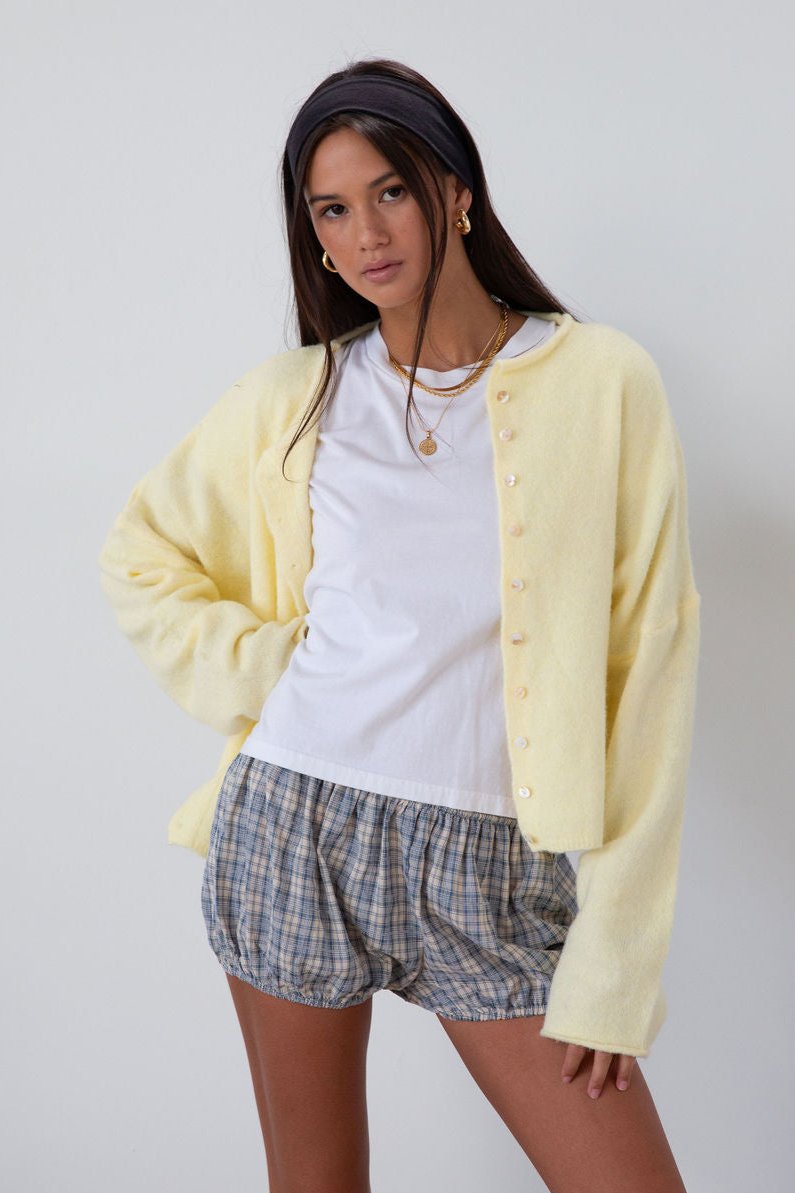 Plaid woven shorts. Elastic waist and leg openings. Unlined. bloomers. blue plaid bloomer shorts. fall transition outfit