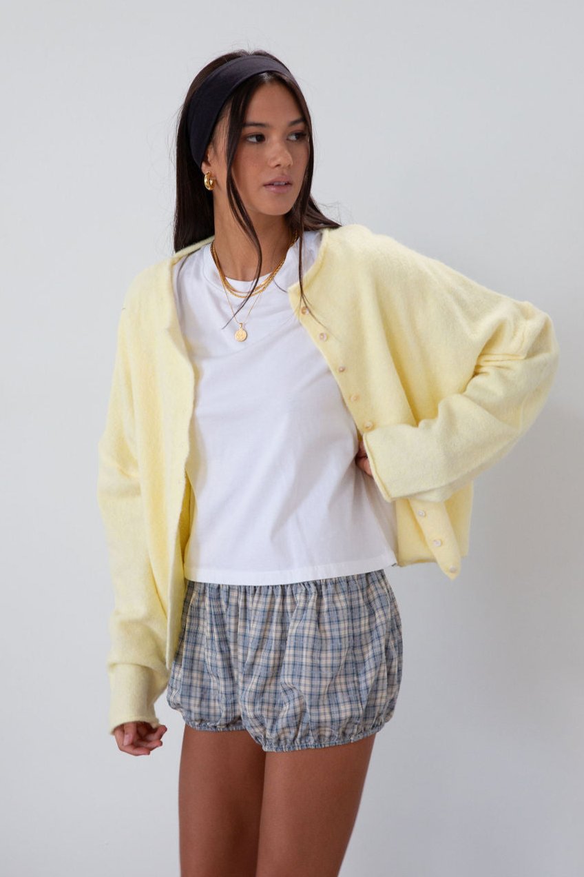 Plaid woven shorts. Elastic waist and leg openings. Unlined. bloomers. blue plaid bloomer shorts. fall transition outfit