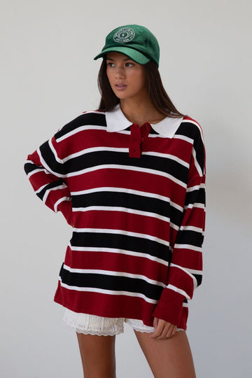 Striped knit top. Collar neckline. Front button closures. Long sleeves. Unlined. striped polo long sleeve. fall transition outfit. 