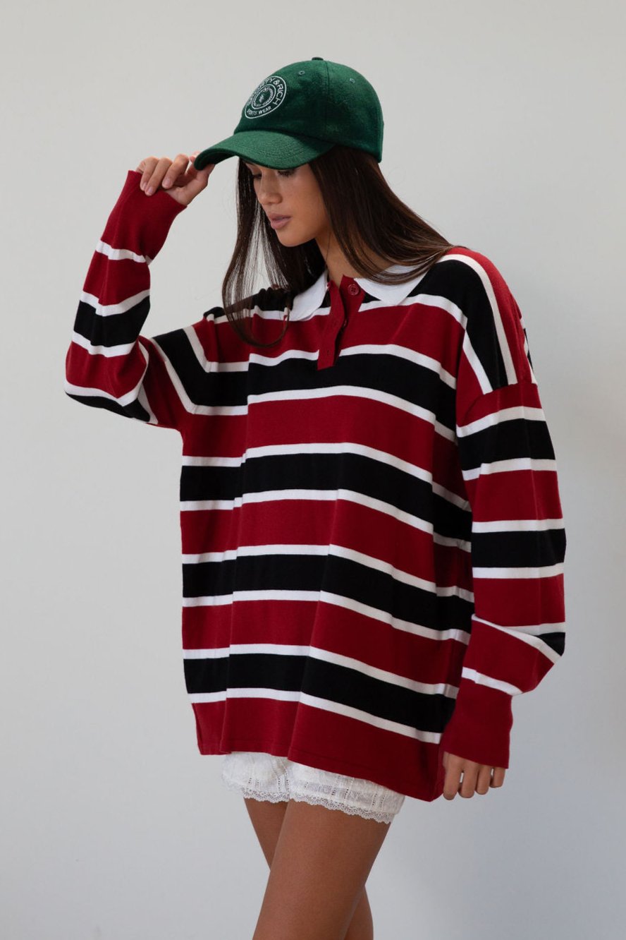 Striped knit top. Collar neckline. Front button closures. Long sleeves. Unlined. striped polo long sleeve. fall transition outfit. 