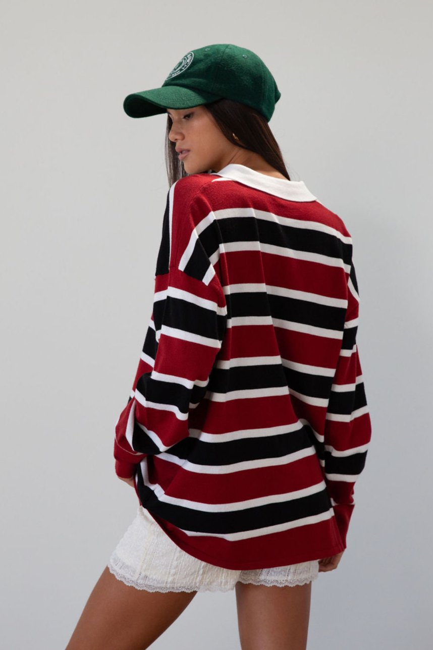 Striped knit top. Collar neckline. Front button closures. Long sleeves. Unlined. striped polo long sleeve. fall transition outfit. 
