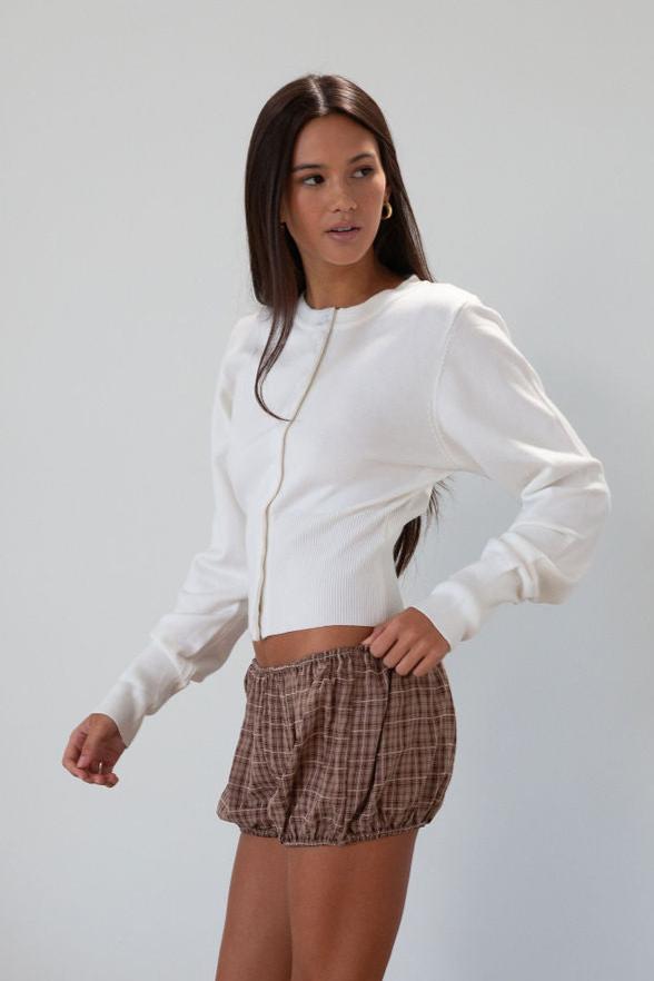 brown Plaid woven shorts. Elastic waist and leg openings. Unlined. fall transition outfit. brown plaid bloomers