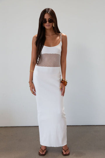 Ribbed knit maxi dress. Adjustable straps. Net mesh waist panel. Unlined. resort wear. resort dress. white maxi dress. vacation dress. fancy dinner dress